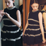 林允同款2016欧美上海电影节林允同款钉珠无袖背心黑色连衣裙7.12