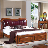 实木床胡桃木真皮床双人床1.8米高箱储物婚床现代中式简约真皮床