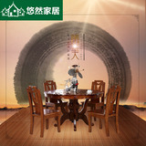 实木餐桌带转盘圆桌胡桃木圆形餐桌现代中式饭桌餐椅组合一桌六椅