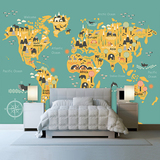 简约可爱卡通动物世界地图大型壁画客厅沙发背景墙纸儿童房壁纸
