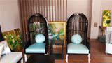 新中式实木布艺休闲椅简约现代印花椅欧式鸟笼椅装饰椅咖啡厅靠椅