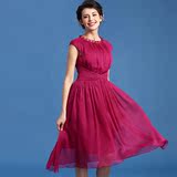 绝色女款连衣裙夏2016新款玫红色雪纺波西米亚中长款沙滩裙子收腰
