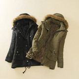 冬季外贸女韩版大码纯色毛边可脱卸帽长袖拉链中长款棉衣外套P50