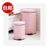 包邮田园铁质厨房垃圾筒果皮箱圆形脚踏式带盖垃圾桶优雅淡粉色