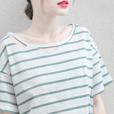 夏季新款女韩版学生圆领口个性镂空条纹印花宽松休闲短袖纯棉tT恤