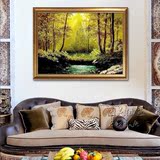 手绘欧式山水风景阳光金色小鹿油画客厅沙发过道横版定制装饰挂画