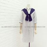 GL韩国订制2016夏季新款女学院风可拆卸披肩竖纹开叉中长款衬衫裙