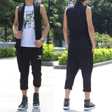 男士非主流韩版无袖套装青少年学生男装中长款假两件T恤夏薄7分裤