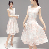 2016新款女装韩国欧根纱中长款夏季连衣裙中裙女无袖印花白色裙子