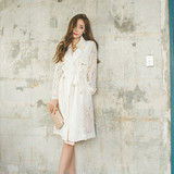 2016秋季新款韩国长袖修身蕾丝镂空白色风衣女中长款春秋外套