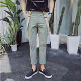 日系夏季修身型九分裤韩版学生男士潮流可拆卸小直脚纯色背带裤男