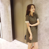 于momo定制 2016韩版新款舒适轻薄针织袖口条纹撞色短袖连衣裙