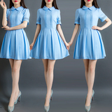 DM韩版新款蓝色娃娃领公主裙甜美清新印花刺绣高腰显瘦短袖连衣裙