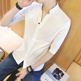 夏季新款男士短袖衬衫修身青年亚麻衬衣纯色衣服白立领寸衫潮男装
