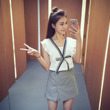 夏季新款2016韩版时尚套装裙女系带百褶无袖上衣半身裙裤两件套潮