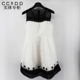 专柜正品CCDD2016夏季新款女装 黑白雪纺圆领蕾丝拼接无袖连衣裙