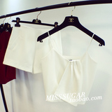 2015夏季新女韩国代购褶皱设计短款修身吊带背心高腰短裤两件套装