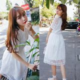 2016夏韩国甜美小清新蕾丝连衣裙女白色收腰显瘦中长款淑女裙学生