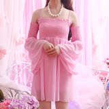2016夏装新款韩版甜美风露肩吊带长袖喇叭袖气质雪纺连衣裙短裙女