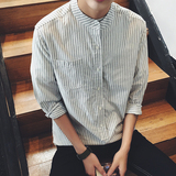 韩版男士修身时尚亚麻衬衫青年文艺立领七分袖衬衣夏季条纹短袖潮