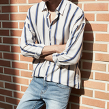 男装韩版日系复古竖条纹长袖衬衫男宽松潮流衬衣青少年秋季