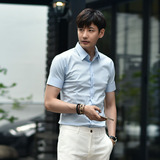 韩国代购男装夏装新款弹力紧身修身潮男短袖衬衫青年时尚纯色衬衣