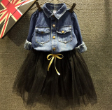 2015女童长袖牛仔衬衫秋新款1-2-3-4周岁半韩童装蓬蓬裙套装宝宝