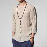 中式唐装汉服中国风男装盘扣薄亚麻衬衫夏季民族服装青年棉麻短袖