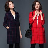 韩版秋装新款外搭中长款羊绒外套女2016格子翻领针织开衫羊毛大衣