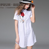 2016夏季潮流新品欧洲站女欧美高端玫瑰刺绣长款短袖文艺白色衬衫