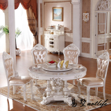 欧式餐桌 实木圆形大理石6人饭桌 法式田园圆桌椅组合 一桌八椅