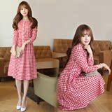 2016春装新款韩版女装红格子圆领长袖中长款修身棉麻衬衫连衣裙