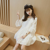 2016韩版夏季新款 甜美系方领白色蕾丝连衣裙宽松高腰娃娃裙大码
