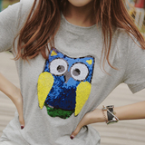 太阳屋J1-3夏装新款2016韩版女装时尚亮片卡通猫头鹰图案短袖T恤