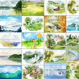 欧式手绘水彩风乡村自然湖山水风景插画图案 EPS矢量设计素材 25P