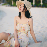 2016夏季韩版小清新吊带连衣裙花朵印花雪纺宽松抹胸显瘦沙滩裙女