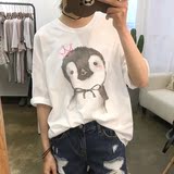 韩国东大门代购进口正品16夏新款宽松大码做卡通企鹅短袖T恤女