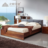 北欧胡桃木床实木双人床家具床头柜现代简约风格头层真皮软包床