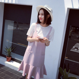 夏装韩版甜美粉色条纹吊带连衣裙女 短袖T恤两件套荷叶边套装裙子