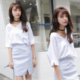 2016夏季韩版时尚宽松纯色V领衬衣套装女细格子开叉半身裙两件套