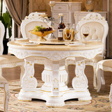 欧式天然大理石白色雕花描金银圆形餐桌椅组合实木吃饭桌子带转盘