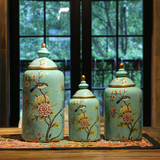 复古美式乡村手绘花鸟陶瓷罐家居装饰品工艺品软装客厅样板间摆件