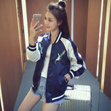 长袖短外套女秋蘑菇街韩版学生拼色棒球服开衫刺绣短款夹克外套潮