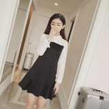 2016秋季新款韩版气质娃娃领长袖黑白拼接修身显瘦连衣裙A字裙子