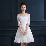 2016新款一字肩领白色伴娘服短款蕾丝蓬蓬裙订婚生日宴会派对礼服