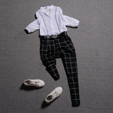 欧洲站女装套装2016秋季新款气质休闲条纹衬衫格子哈伦裤两件套潮
