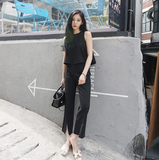 2016韩国夏纯色无袖雪纺衫背心上衣套装修身小脚九分长裤两件套女