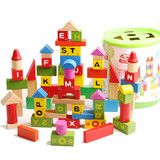 儿童益智桶装60粒100粒大块实木字母数字积木启蒙教育木制玩具