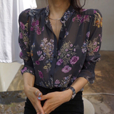 鬼鬼家 韩国代购 女人如水 气质型性感透视印花OL立领雪纺衫衬衫