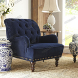 美式单人沙发客厅老虎椅布艺软包田园沙发椅休闲椅蓝色绒布沙发